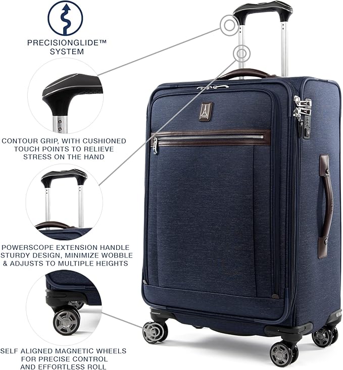 Travelpro Platinum Elite Softside Expandable Checked Luggage, 8 Wheel Spinner Suitcase, TSA Lock, Men and Women, True Navy Blue, Checked Medium 25-Inch