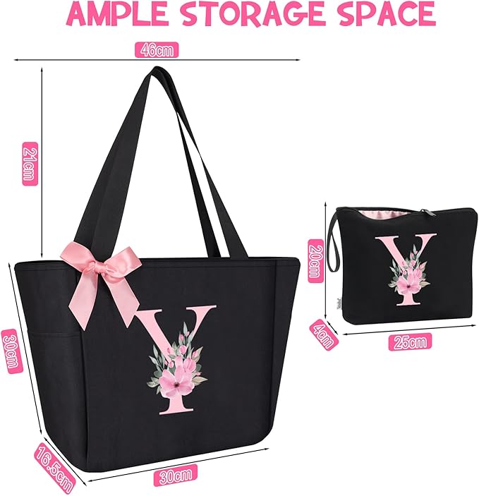 Vavabox Tote Bag, A-Z Initial Monogrammed Waterproof Tote Bag, Bridesmaid Gifts for Women, Black and Pink
