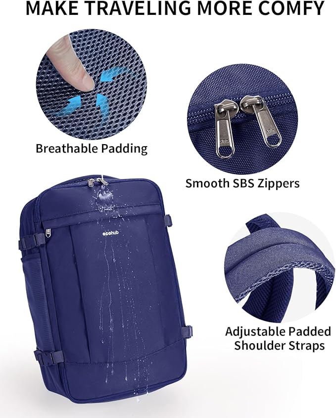 ECOHUB Travel Backpack for Men Women, Carry on Backpack with USB Charging Hole, Spirit Airlines Personal Item Bag Flight Approved, 15.6 Inch Laptop Backpack with Anti Theft Pockets, 30L, Navy Blue