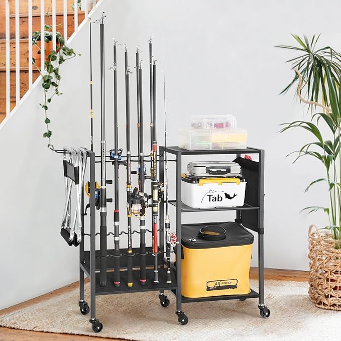 Olakee Fishing Rod Holder, Fishing Pole Holders for Garage Boat Home Entryway Fishing Gear Storage with Tackle Cart Ideal Gift for Men Dad Anglers Corner Design for Rods and Equipment Organizers