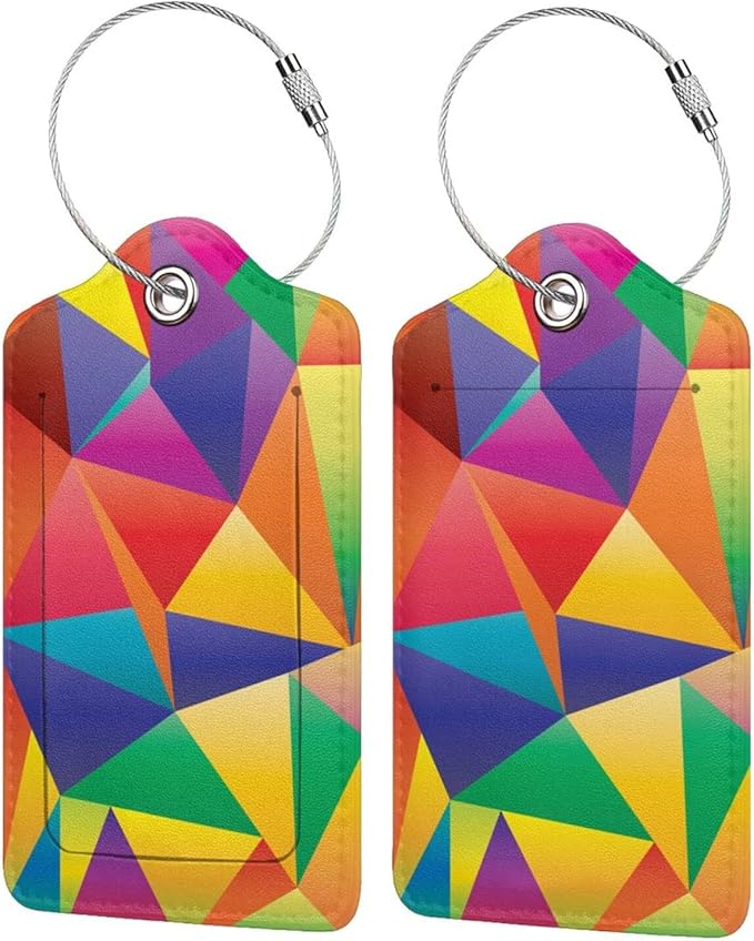 2 Pcs Luggage Tags for Suitcases Unique, Bright Rainbow Leather Baggage Tag with Colorful Geometric Pattern, Identifiers Tags with Privacy Name Address Labels & Durable Steel Loop for Women Men Travel