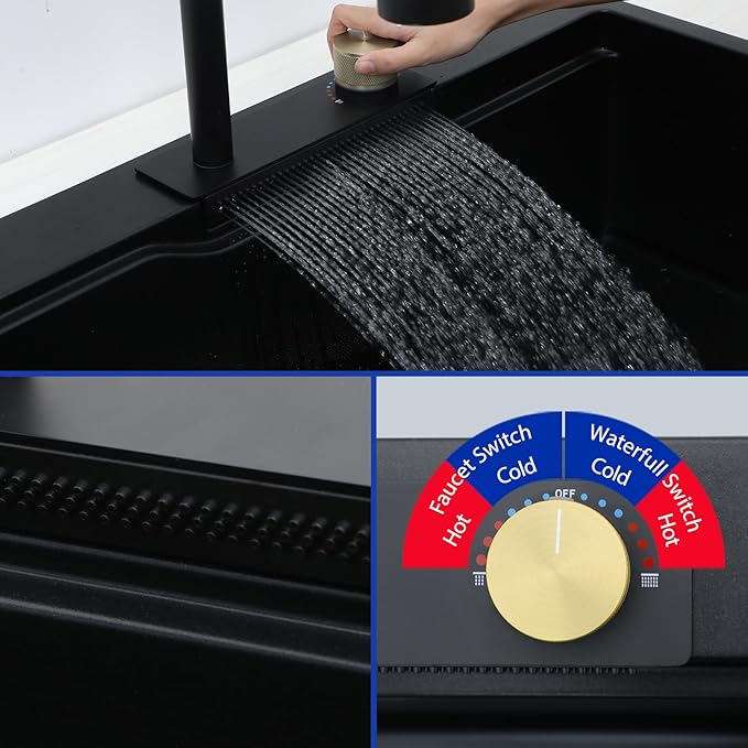 Dcolora Waterfall Smart Kitchen Sink 33x22 Drop In Single Bowl Multifunctional Kitchen Sinks With Faucet And Cup Washer,33 Inch Granite Composite (Black) DC-SFDOE00002