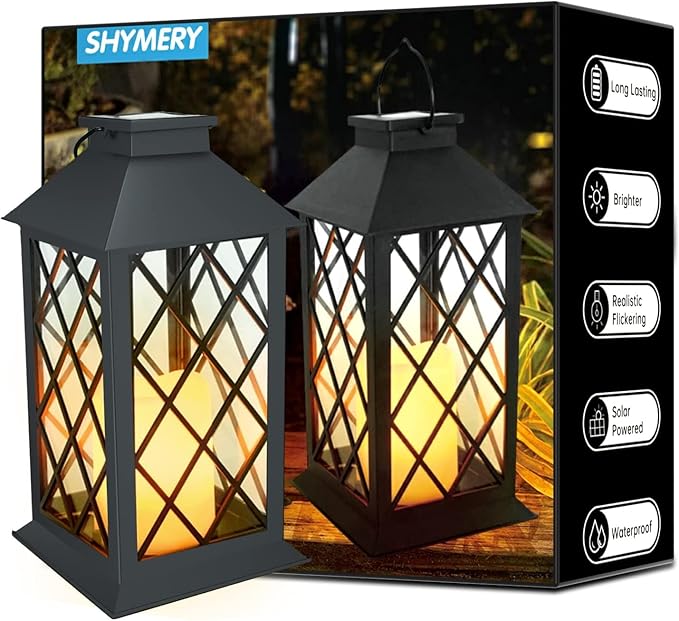 SHYMERY Solar Lanterns Outdoor Waterproof, 14 Inch Outdoor Lanterns with LED Flickering Flameless Candles,2 Pack Hanging Black Lantern Decorative for Patio,Front Porch,Balcony,Outside,Table Decor