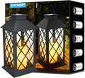 SHYMERY Solar Lanterns Outdoor Waterproof, 14 Inch Outdoor Lanterns with LED Flickering Flameless Candles,2 Pack Hanging Black Lantern Decorative for Patio,Front Porch,Balcony,Outside,Table Decor