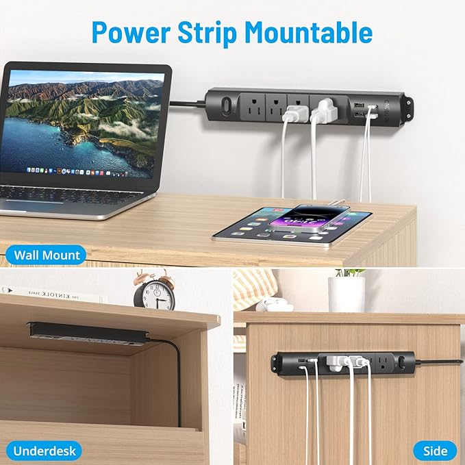 TROND Surge Protector Power Strip with USB, Ultra Thin Flat Plug 6ft Long Extension Cord 1625W, 3 USB A & 1 Type C, 4 AC Outlets 1440J Surge Protection Wall Mount for Home Office Dorm Room, Black