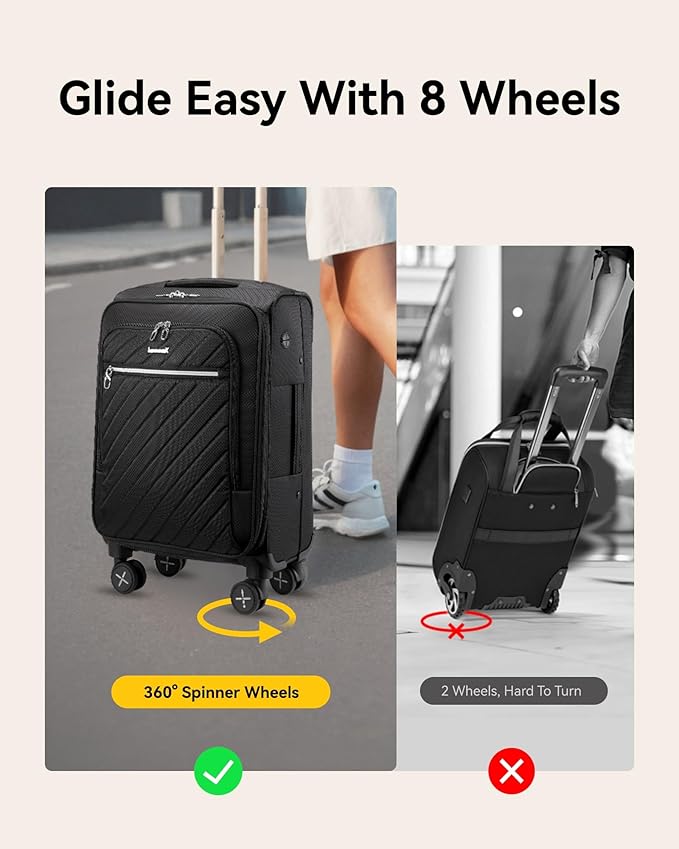 LUGGEX Carry On Luggage with Spinner Wheels - Stylish Lightweight Carry On Suitcase - Soft Sided 22x14x9 airline approved with Front Open Design for Travel, Business (Black, 20 Inch)