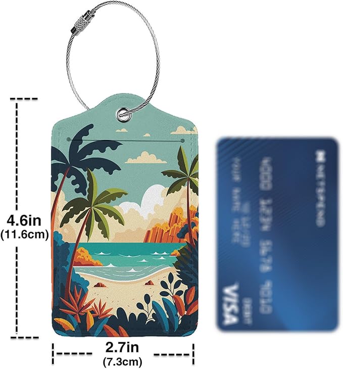 Cartoon Summer Beach 2 Pcs Luggage Tags,Privacy Cover ID Label with Stainless Steel Loop and Address Card for Travel Bag Suitcase