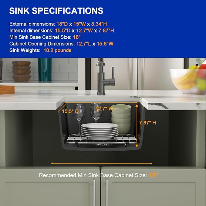 Dcolora 15 Inch Granite Composite Black Bar Sink Undermount Small Kitchen Sink Quartz Prep RV Single Bowl Under Counter Basin DC-GU7745