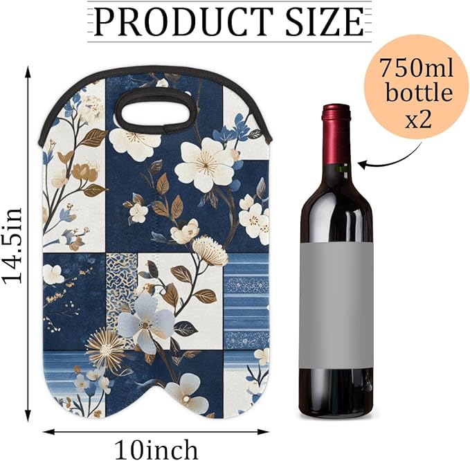 Neoprene Wine Tote, Bottle Carrier Gag Insulating Neoprene Thicker, Insulated Wine Bag for Travel Holds Two Bottles, Bottle Carrier Bags Protect the Bottles, Blue Flowers