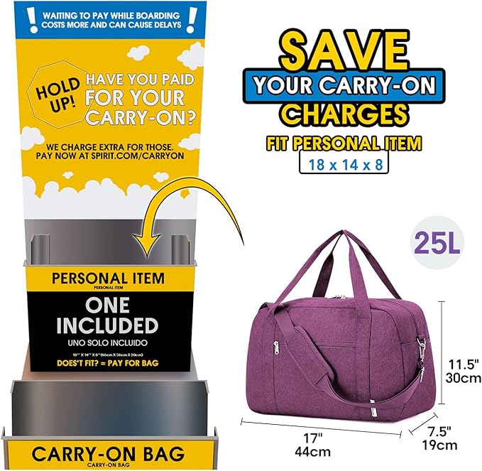 Narwey 18" Carry on Bag Underseat for Airplane with Wet Pocket Spirit Airlines Personal Item Bag Travel Duffel Bag Small Gym Bag Weekender Overnight for Women and Men (Dark Purple)