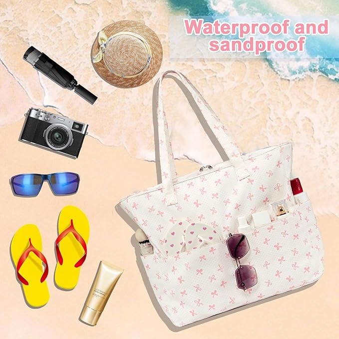 LEDAOU Beach Bag Waterproof Sandproof Women Tote Bag Pool Bag with Zipper for Gym Grocery Travel with Wet Pocket