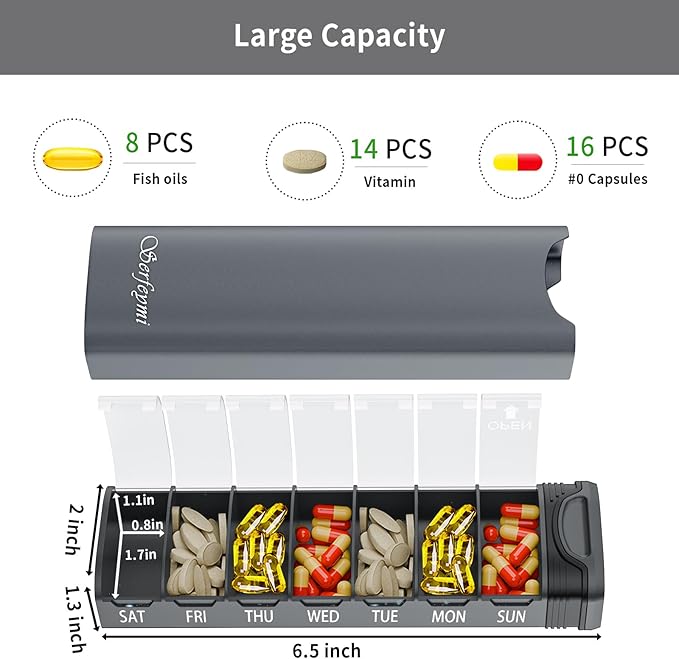 Metal Weekly Pill Organizer, Serfeymi Aluminum Daily Pill Box(Spare Gasket Provided),7 Day Pill Case Travel Medicine Organizer,Pill Containers with Individual Lid for Vitamins,Pills, Supplement-Gray