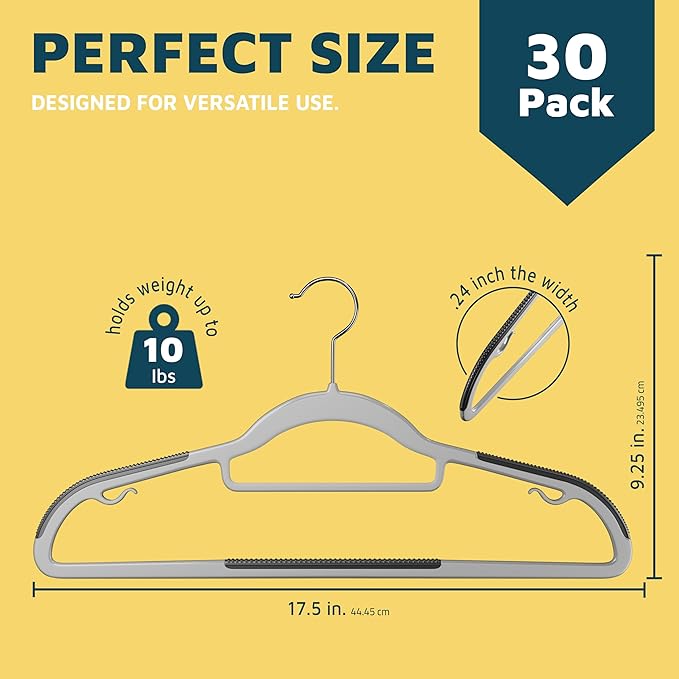 Lifemaster Plastic Clothes Hanger Set - 30 Pieces Versatile, Lightweight, Space-Saving, Non-Slip, Slim Designed, Dry and Wet Clothes Hanger Set with 360° Swivel Hook and Rubber Coating - Gray