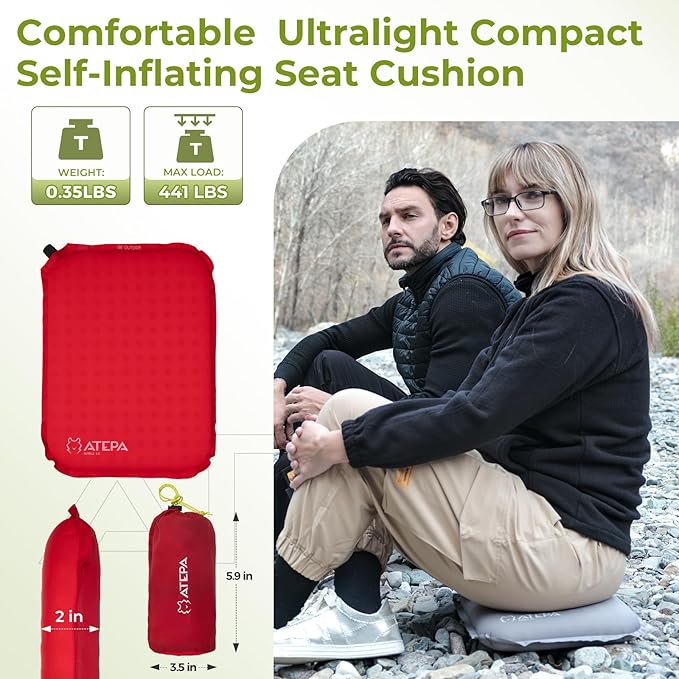 ATEPA Inflatable Stadium Seat Cushion, Self-Inflating Memory Foam Stadium Seats Bleacher Seat Chair Cushion Pad for Airplane Travel Backpacking Sports Events