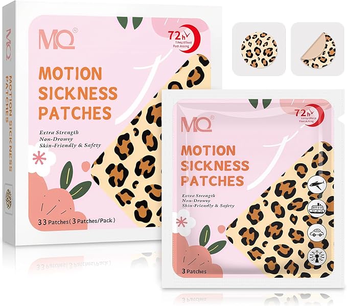 MQ 33ct Motion Sickness Patch Non Drowsy, Sea Sickness Patches for Cruise Ship Travel, Waterproof Patch Behind Ear for Car Airplane Altitude Sickness, Long Last 72H, Leopard Pattern