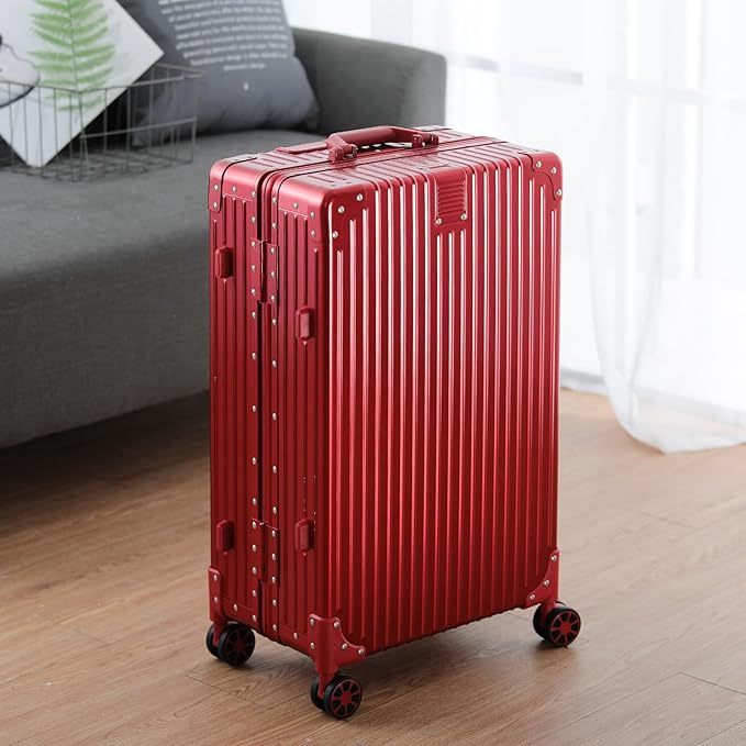 Metal All Aluminum Carry-on Luggage TSA Customs Lock Zipperless Silent Rotary Wheel Business Suitcase Aluminum Frame Set (red, 2Piece(20/26))