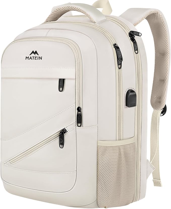 MATEIN Extra Large Travel Backpack for Women, 18 Inch TSA College Backpack with Multiple Pockets and USB Charging Port, 50 L Business Work Carry On Computer Bags, Cream Beige