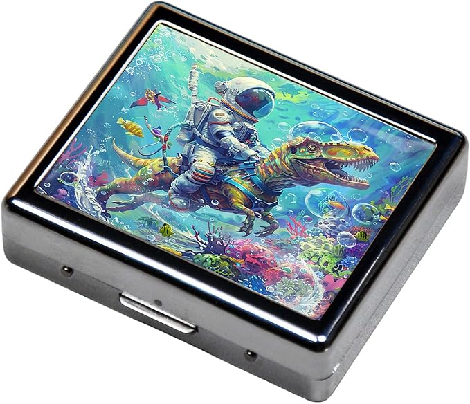 Cute and Portable Metal Pill Organizer – 8 Compartments, Elegant Chrome Finish, Ideal for Travel and Daily Use (Astronaut Riding Dinosaur)