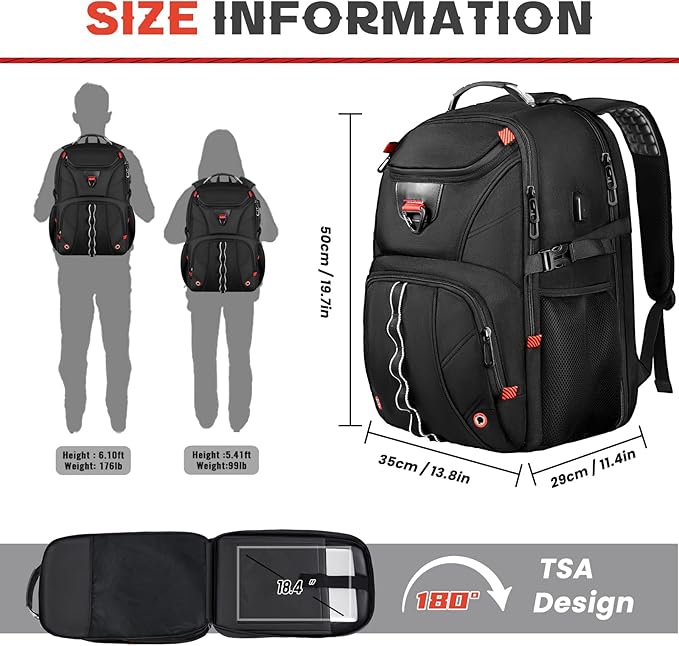 Extra Large Travel Laptop Backpack,18.4 inch XXXL Gaming Backpack, TSA Friendly College Daypack Big Capacity Heavy Duty Business Suitcase Daypack Bag USB Port for Men/Women-Black