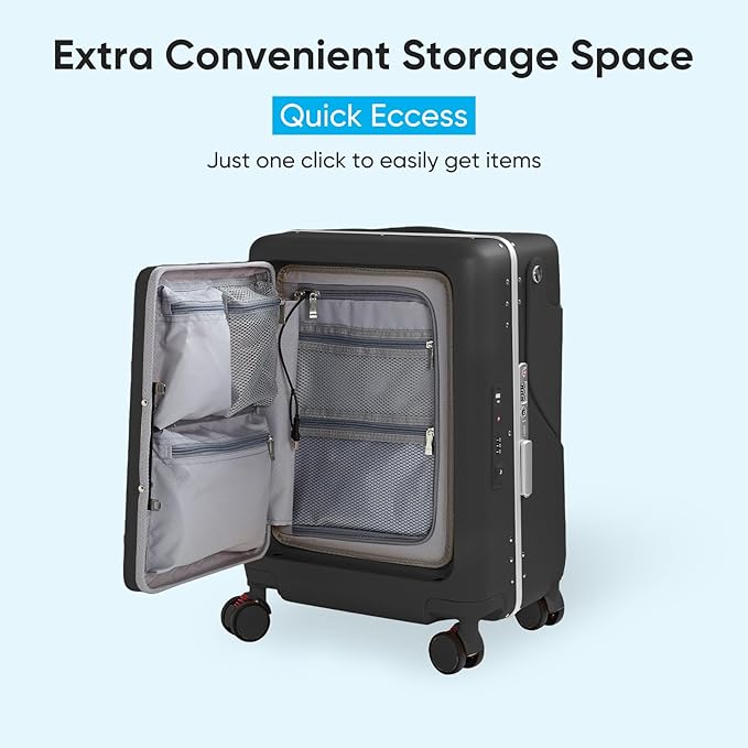 TABU 20" Ride-on Luggage with Seat，Front Opening Carry-On Hardshell Ride On Suitcase with Built-in Charging Port, 360° Lockable Spinner and TSA Lock, for Kids & Adults, Black