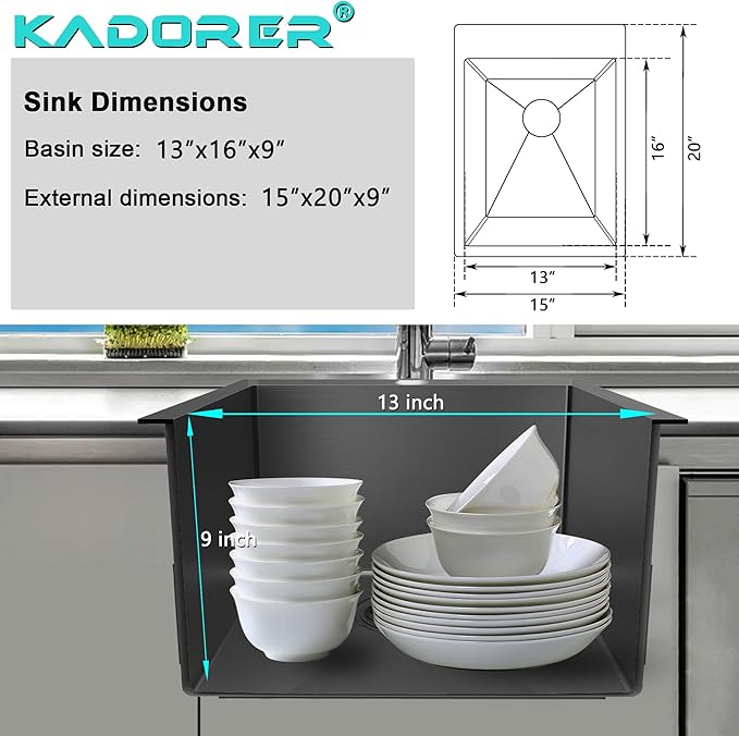 15 x 20 Inch Drop In Kitchen Bar Sink, Small Kitchen Sink Single Bowl Topmount Bar Prep Sink 18 Gauge Stainless Steel Bar Sink with Grid and Basket Strainer