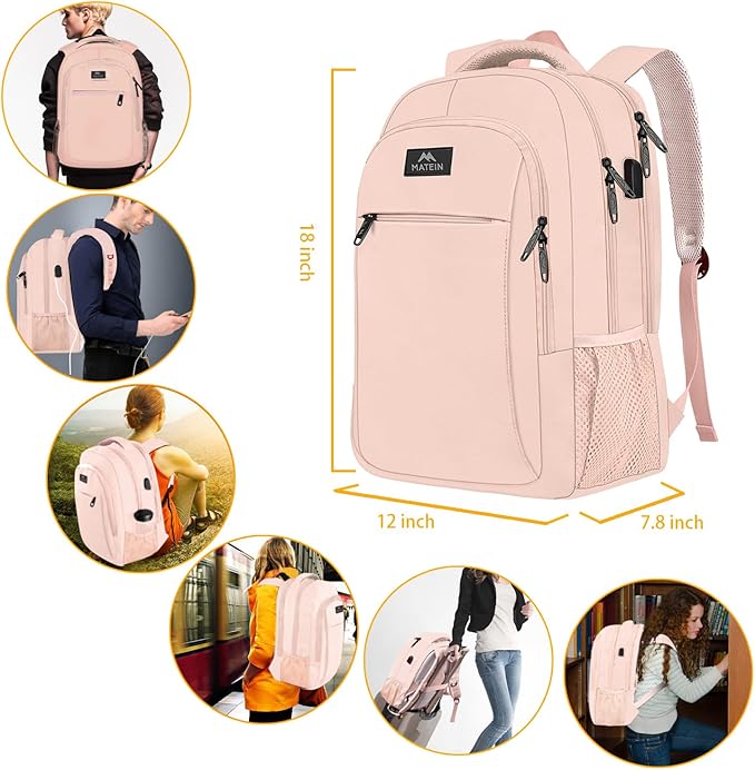 MATEIN 15.6 inch Laptop Backpack, Cute Slim Computer Travel Backpack with USB Port, Carry On Casual Daypack Bag Gifts for Women Teacher Nurse, Pink