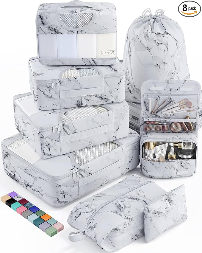 Veken 8 Set Packing Cubes for Travel Essentials, Suitcase Organizer Bags in 4 Sizes, Carry-On Luggage Accessories with Large Laundry & Hanging Toiletry Bag, Must-Have for Airplane, Road Trip & Camping