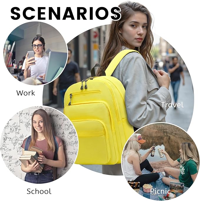 Lanola Basic Multi-Pocket Multipurpose Backpack Classical Water Resistant Student Bookbag For School Business Travel or Casual Daypack Backpacks For Men Or Women - Yellow