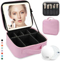 Travel Makeup Bag,with Mirror 3 Color Setting and Detachable 10x Magnifying Mirror Travel Makeup Bag,Portable Storage and Adjustable Dividers（Light Pink）