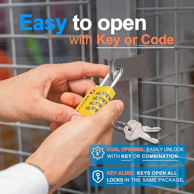 Forge Dual-Opening: Key or Combination Access Lock, TSA Approved Locks for Luggage, Pelican case, Travel, Gym, School, Stainless Steel Shackle.(Yellow 2 Locks)