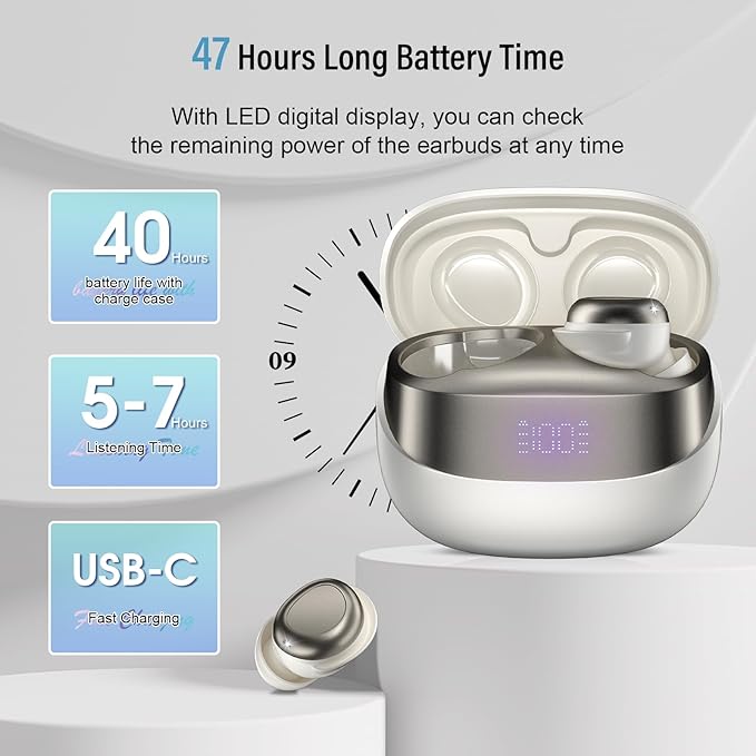 Sleep Earbuds Bluetooth 5.4 in Ear Light-Weight Headphones, Mini Sleep Headphones Small Design for Side Sleepers, 47H Playtime with Charging Case, Clear Calls Earphones, Cream White