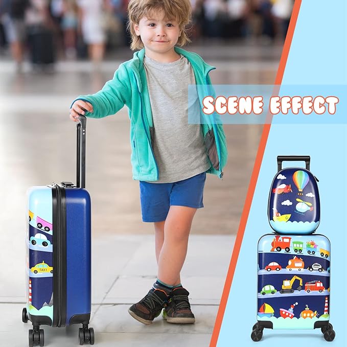 Weewooday Kids Luggage and Backpack 18" Suitcase with Spinner Wheel Hard Case Travel 13" Backpack Girl Suitcase Set for Kids Travel Supplies(Assorted Colors,Vehicle Style)