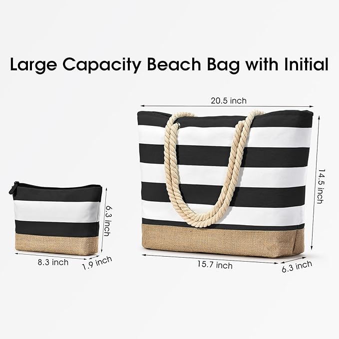 Becokan Beach Bag Initial Beach Tote with Makeup Bag for Travel Work Storage Personalized Birthday Gifts for Women Her