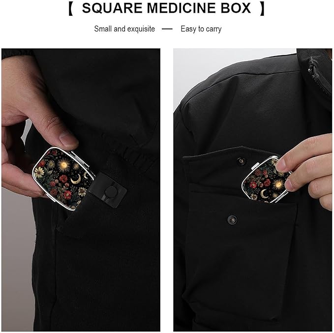 Metal 2 Compartment Pill Organizer Travel Friendly Portable Compact Pill Box Cute Pill Case,for Pocket Wallets Daily Portable Medicine Vitamin Tablet Storage (The Dark Night)