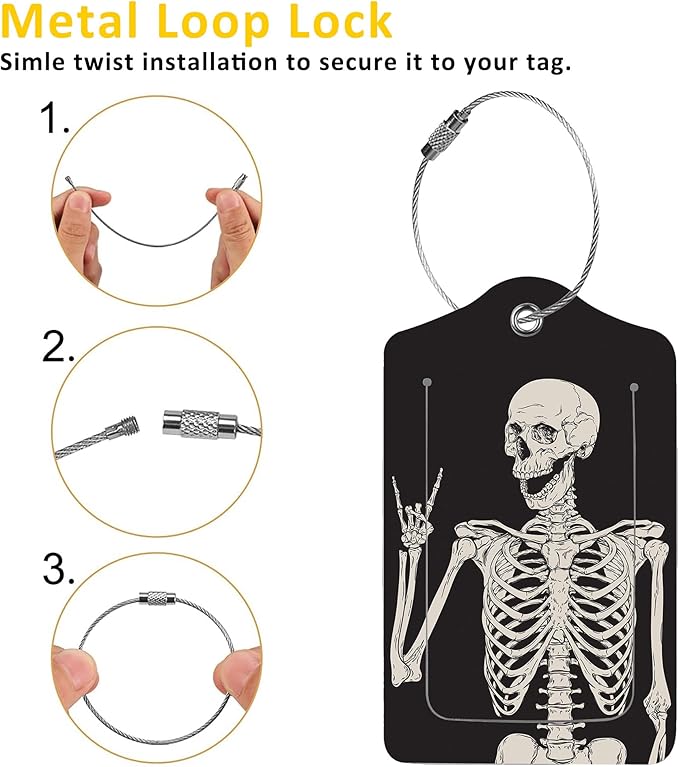 2 Pack Luggage Tag for Suitcase,Human Skeleton PU Leather Suitcase Tags Identifiers with Privacy Name Address Labels and Durable Steel Loop for Women Men Travel