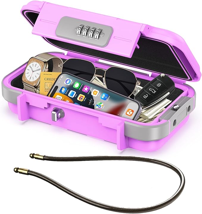 LOFICOPER Portable Safe Box, Travel Safe Lock Box, Waterproof Beach Lock Box, Personal Security Case, with Combination Code, Detachable Steel Rope, for Travel, Beach, Hotel, Home, Office, Pink
