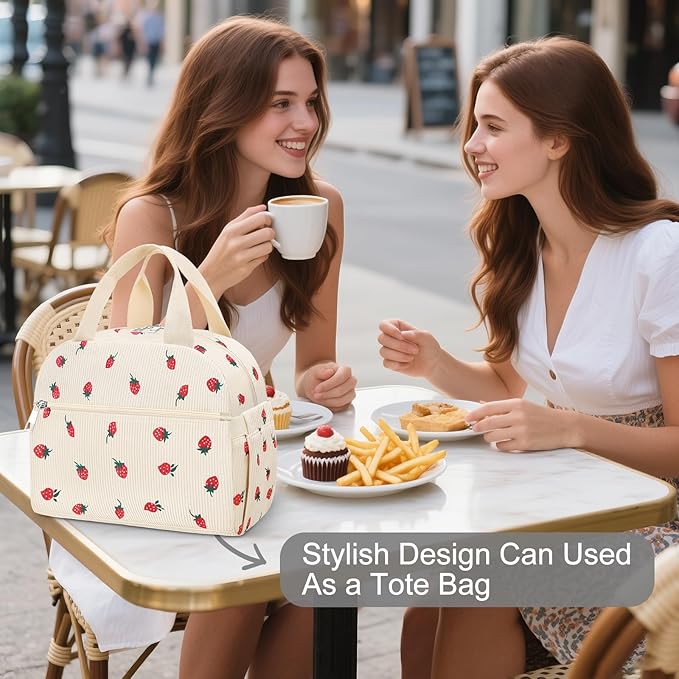Lunch Bag Lunch Box for Women Adults Men, Cute Strawberry Corduroy Insulated Reusable Work Leakproof Simple Large Lunch Boxes Tote Bag Cooler Bag