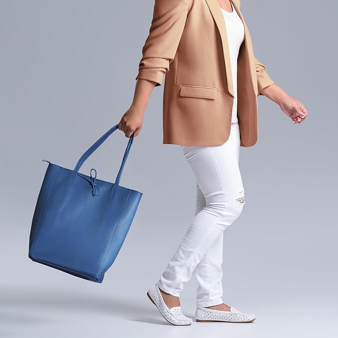 Italian Calf Leather Tote for Women with Zipper, Inner Pocket & Flat Base | Soft Unlined Shopper for Work & Travel