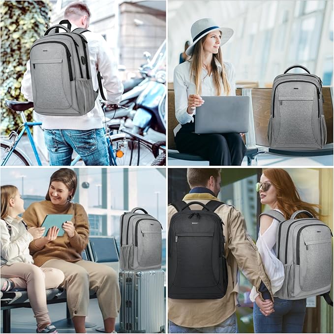 Voova Travel Laptop Backpack, Business Work Laptop Backpack for Women & Men with USB Charging Port, Waterproof Slim Durable College Computer Bag Fits 15.6 Inch Laptops and Notebook, Grey