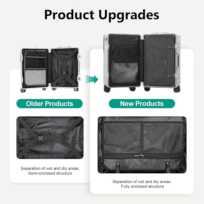 Hard Shell Luggage 20 Inch Travel Suitcase, 22x14x9 Airline Approved with TSA Lock, ABS Aluminum Frame, Lightweight Travel Luggage 20'' 24'' 26'' Carry-on Luggage (Upgraded Silver, 20 Inch)