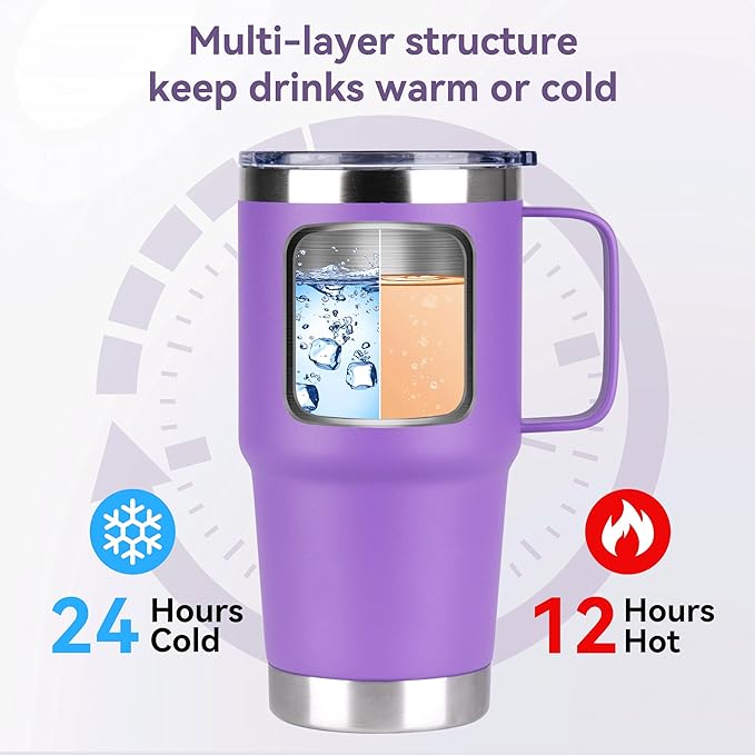 HASLE OUTFITTERS 20oz Tumbler Bulk with Lid, Stainless Steel Tumbler Bulk with Handle, Metal Insulated Travel Coffee Mug Set with Handle, Double Wall Vacuum Leak Proof Tumbler Cup, Purple 12 Pack