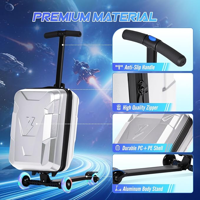 Scooter Suitcase for Kids & Adults, Foldable Carry On Travel Luggage, Hardside Ride on Scooter Suitcase with LED Light up Wheels，Silver