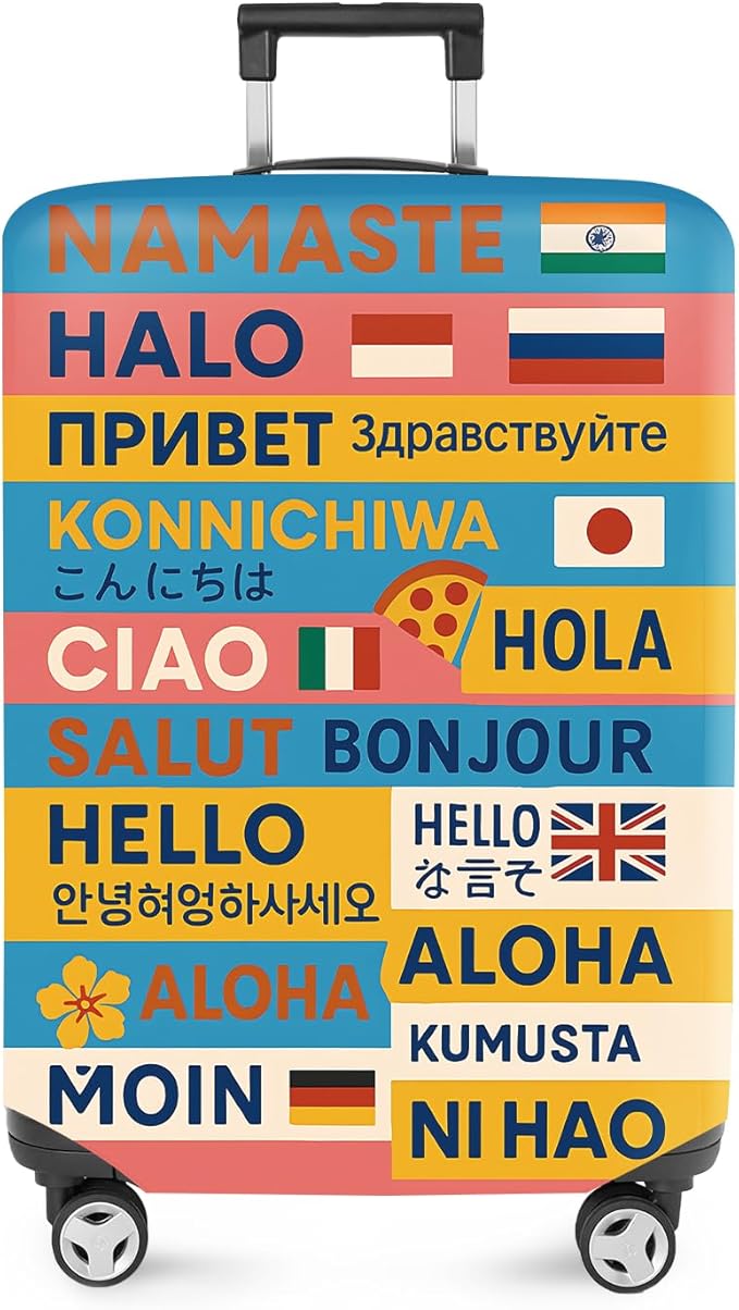 ANNA QUEEN Funny Multilingual Greetings Luggage Cover, Suitcase Protector with Hello in 15+ Languages, Stretchable, Washable Travel Cover for 32-34 Inch Luggage