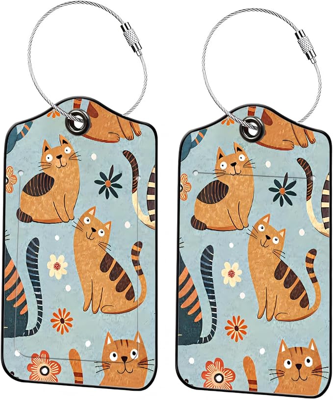 Luggage Tags for Suitcases, 2-Pack PU Leather for Cruise & Travel, Baggage ID Tags with Privacy Cover & Address Card, Durable Metal Ring, Kids Adults Travel Accessories, Whimsical Felines & Flora