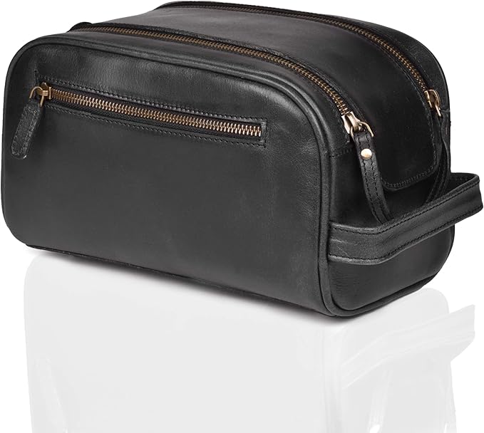 LEATHER VILLAGE Premium Leather Toiletry Travel Pouch With Waterproof Lining - Black | King-Size Handcrafted Vintage Cosmetic Organizer & Shaving Essential Bag