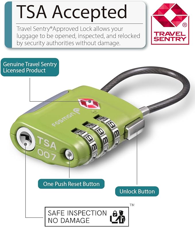 Fosmon TSA Approved Luggage Locks, Cable Suitcase Travel Lock, 3 Digit Long Shackle Combination Padlock, Wire Lock for Gym Locker, Backpack Anti Theft