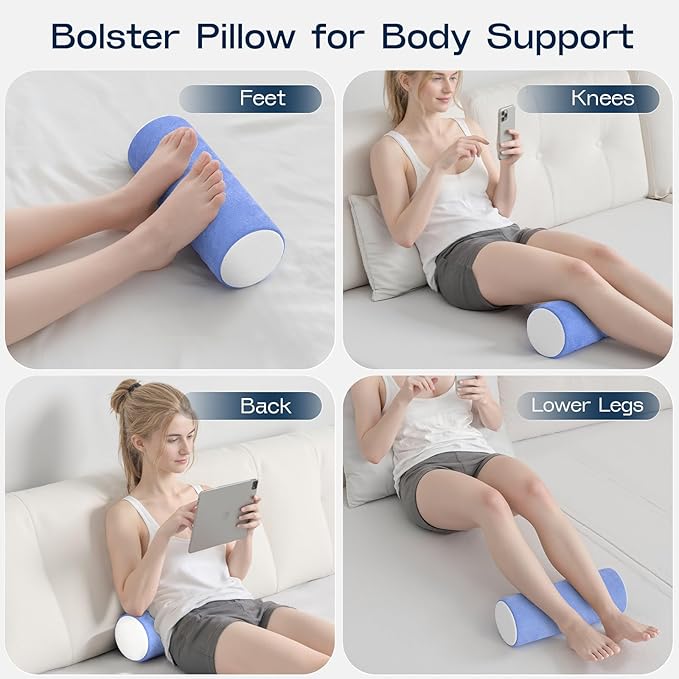 Neck Roll Cervical Pillow for Neck Pain Relief - Memory Foam Neck Pillow for Bed, Round Neck Pillows for Sleeping, 16 * 6.3 * 6.3inch (Blue-White)