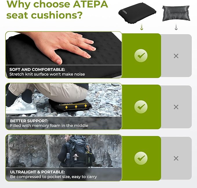 ATEPA Inflatable Stadium Seat Cushion, Self-Inflating Memory Foam Stadium Seats Bleacher Seat Chair Cushion Pad for Airplane Travel Backpacking Sports Events