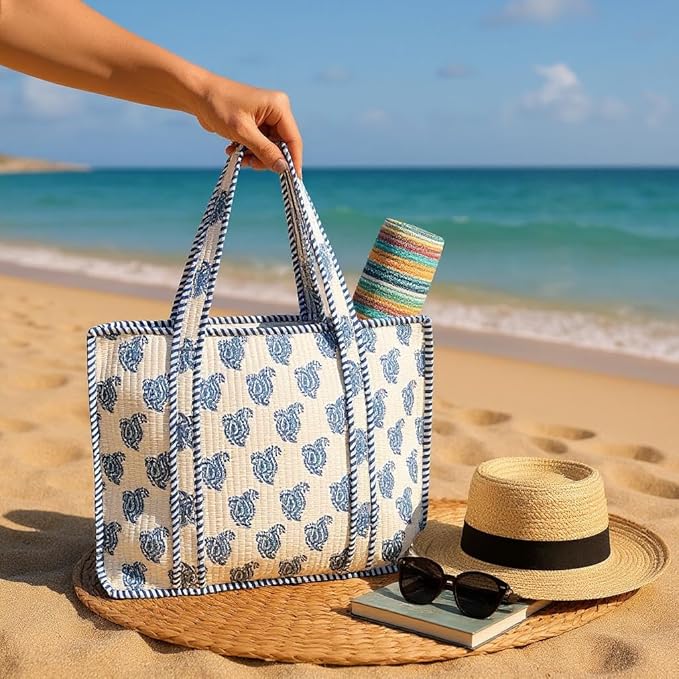 Cotton Quilted Tote Bag for Women – Large Beach & Travel Tote with Zipper, Reusable Grocery Bag