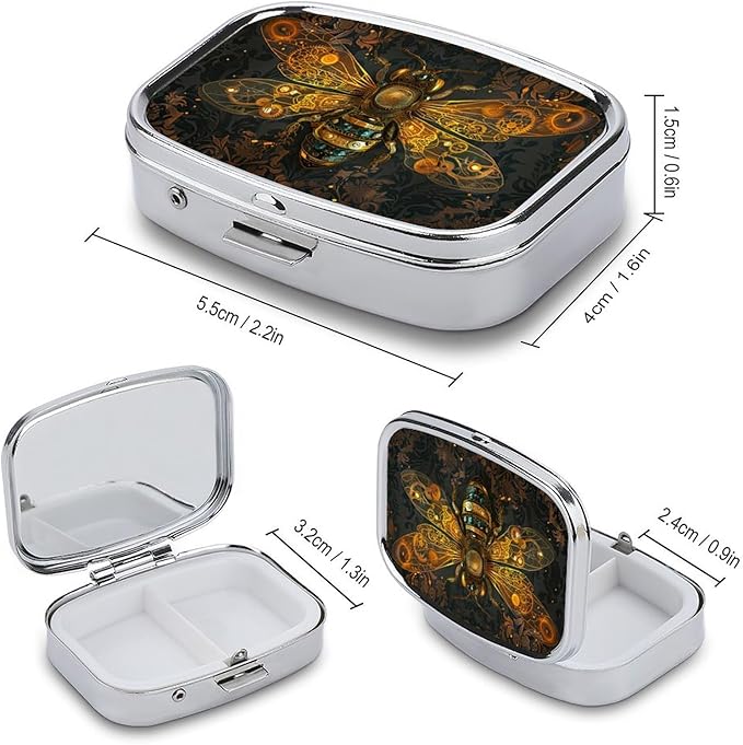 Metal 2 Compartment Pill Organizer Travel Friendly Portable Compact Pill Box Cute Pill Case to Hold Vitamins,Fish Oil,Supplements,Meds,Tablet for Purse,Pocket. (Bee)
